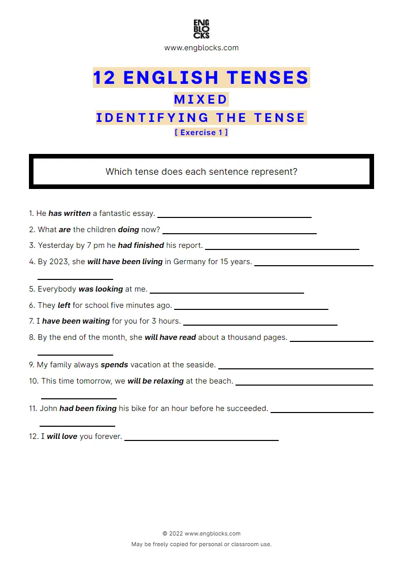 Grammar Worksheet: 12 English Tenses — Identifying the tense