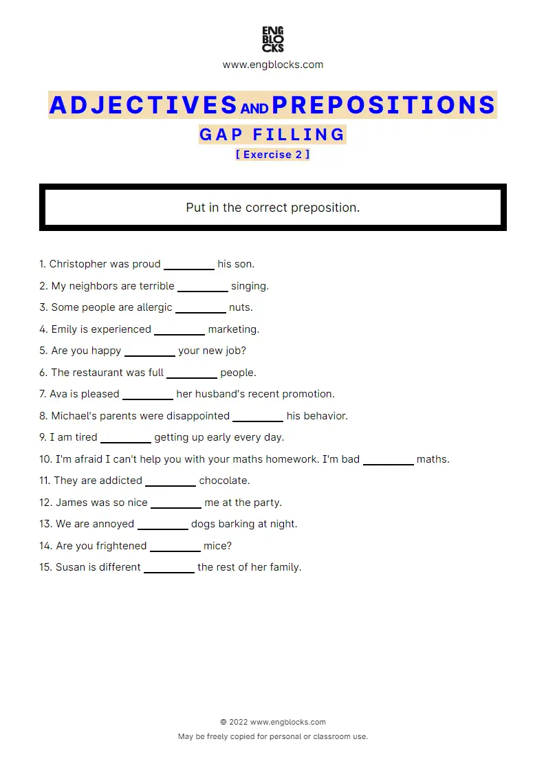 Grammar Worksheet: Adjectives and Prepositions — Gap filling — Exercise 2
