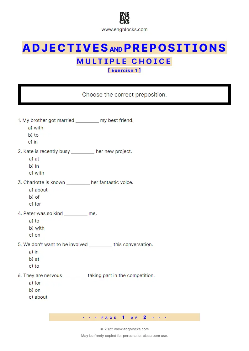 Grammar Worksheet: Adjectives and Prepositions — Multiple choice