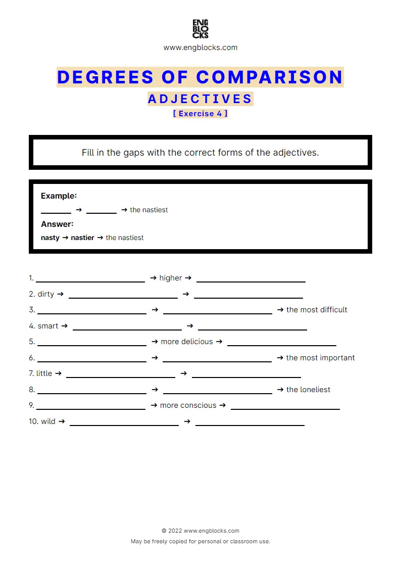 Grammar Worksheet: Adjectives — Degrees of comparison — Mix — Exercise 4