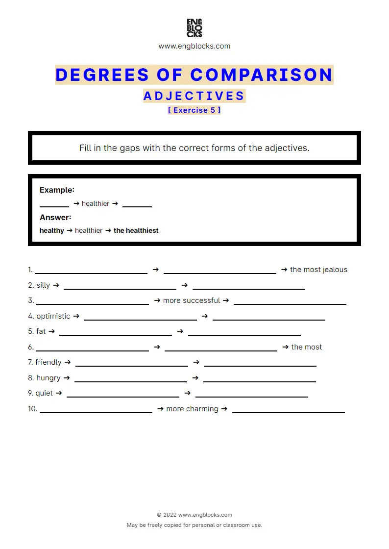 Grammar Worksheet: Adjectives — Degrees of comparison — Mix — Exercise 5