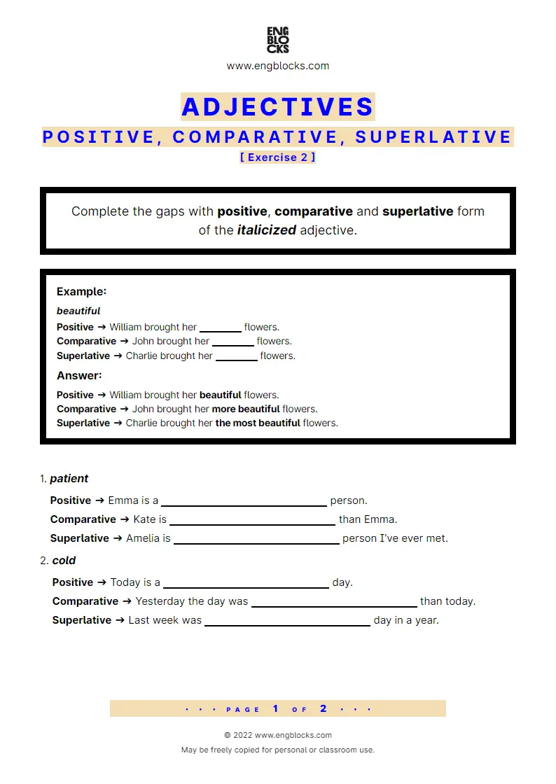 Grammar Worksheet: Adjectives — Degrees of comparison — Positive, comparative, superlative — Exercise 2