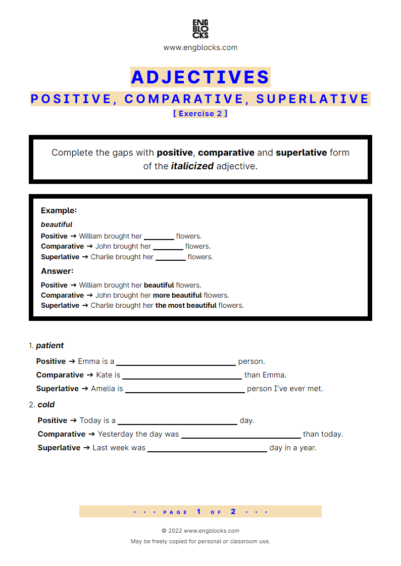 Adjectives Degrees Of Comparison Positive Comparative Superlative Exercise 2 Worksheet