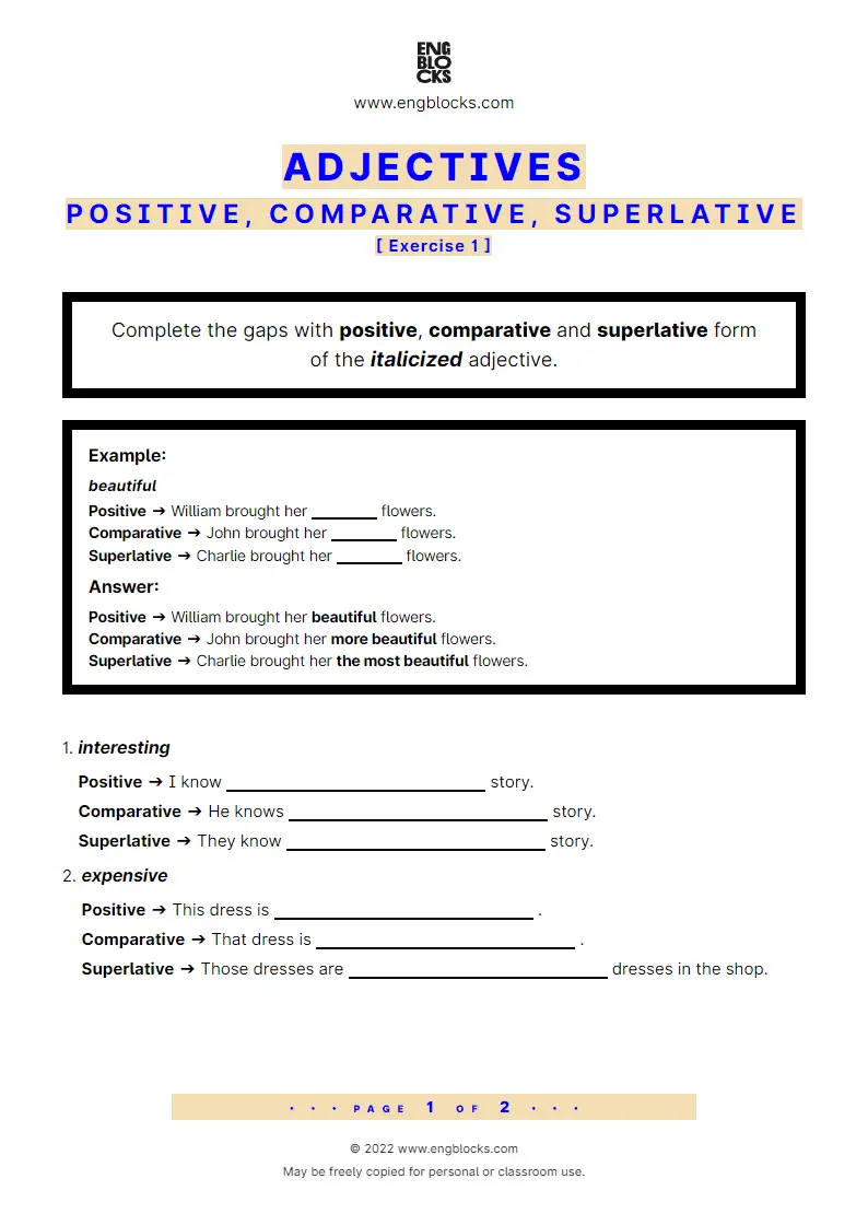 Grammar Worksheet: Adjectives — Degrees of comparison — Positive, comparative, superlative