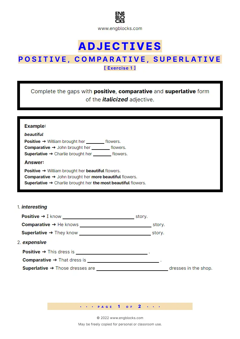 Grammar Worksheet: Adjectives — Degrees of comparison — Positive, comparative, superlative