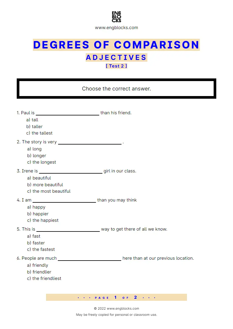 Grammar Worksheet: Adjectives — Degrees of comparison — Test 2