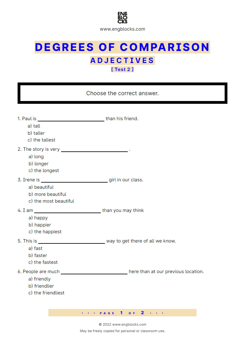 Grammar Worksheet: Adjectives — Degrees of comparison — Test 2