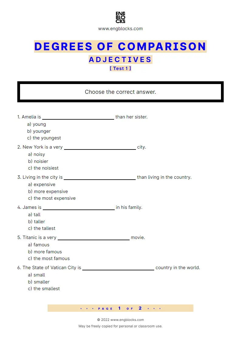 Grammar Worksheet: Adjectives — Degrees of comparison — Test
