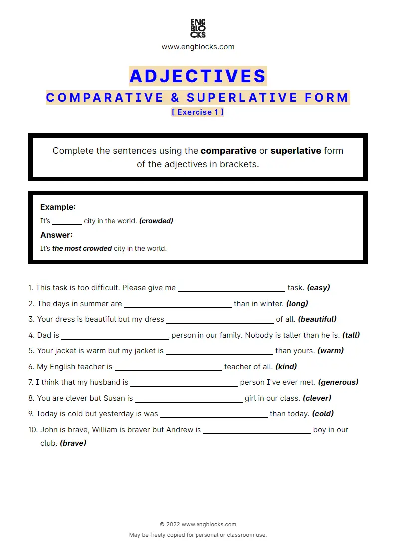 Grammar Worksheet: Adjectives used in comparative or superlative form — Exercise 1