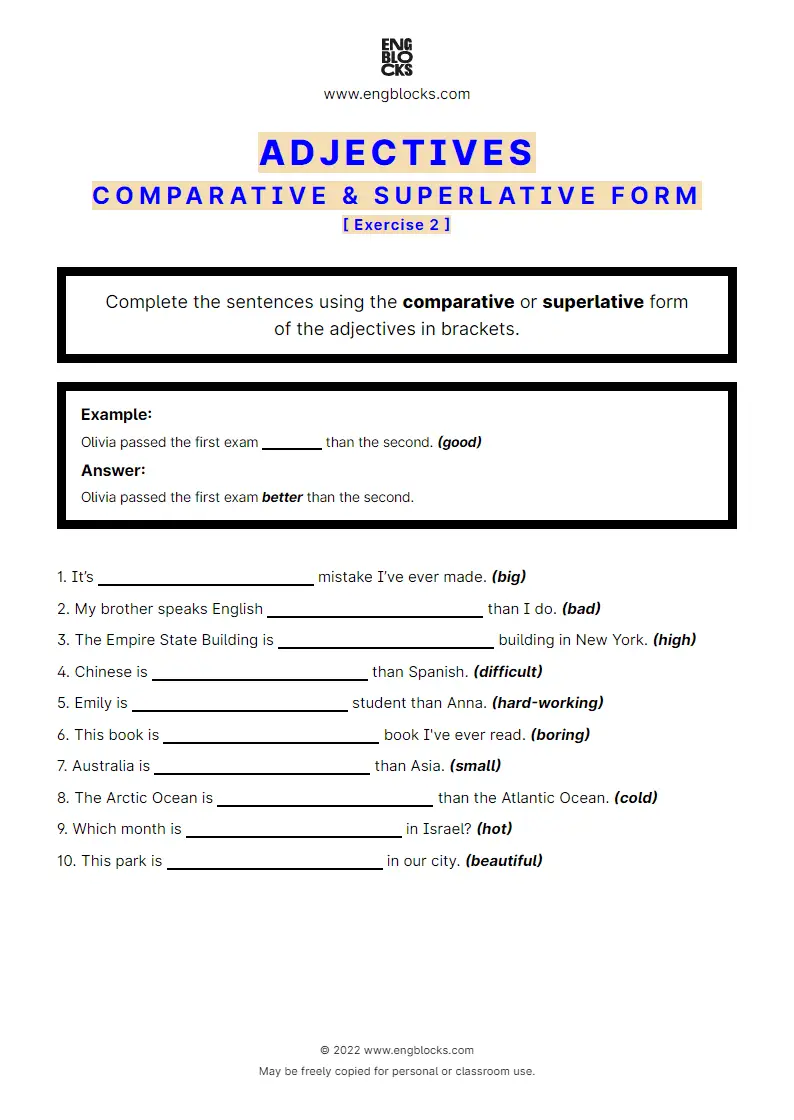 Grammar Worksheet: Adjectives used in comparative or superlative form — Exercise 2