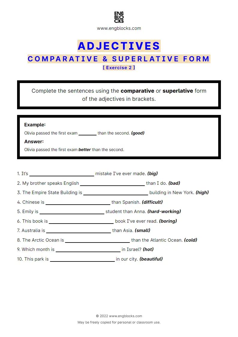 Grammar Worksheet: Adjectives used in comparative or superlative form — Exercise 2