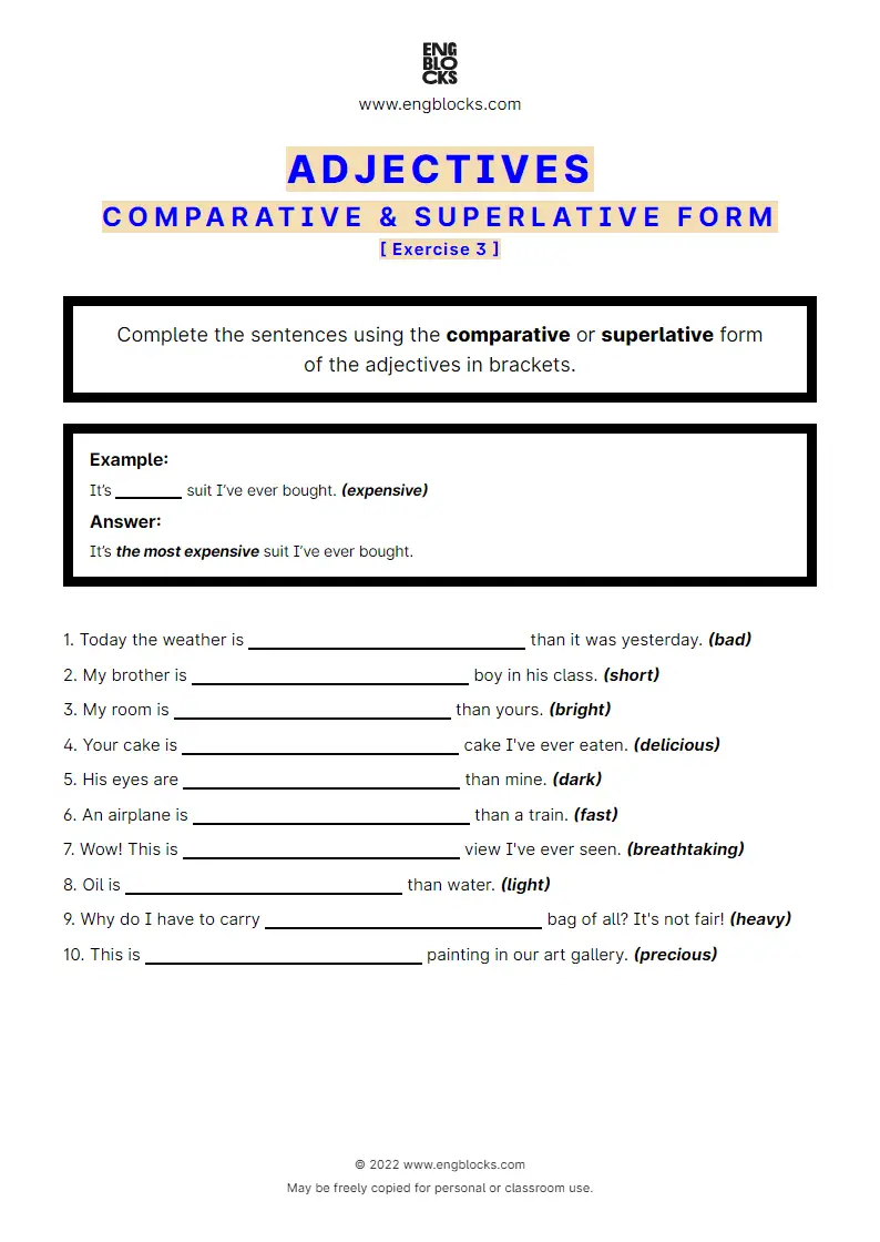 Grammar Worksheet: Adjectives used in comparative or superlative form — Exercise 3