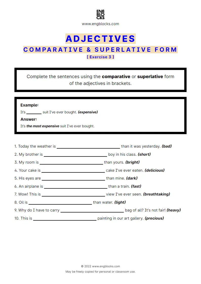Grammar Worksheet: Adjectives used in comparative or superlative form — Exercise 3