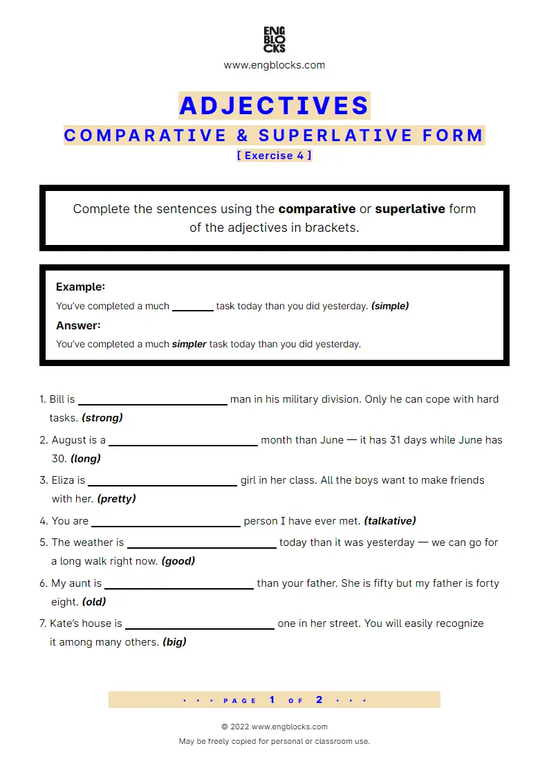 Grammar Worksheet: Adjectives used in comparative or superlative form — Exercise 4