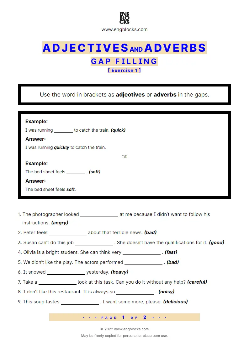 Grammar Worksheet: Adjectives vs. Adverbs — Gap filling — Exercise 1