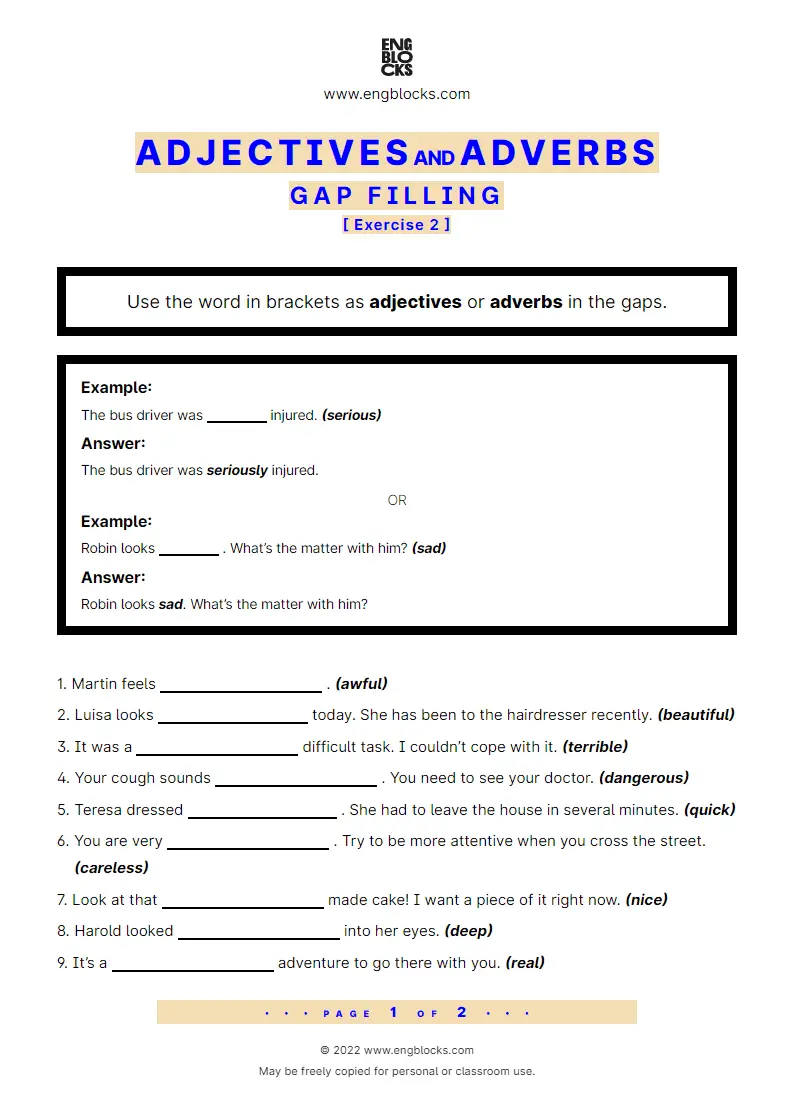 Grammar Worksheet: Adjectives vs. Adverbs — Gap filling — Exercise 2