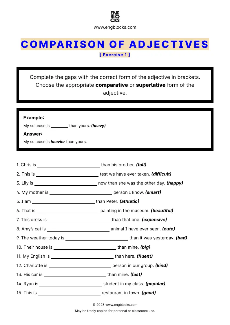 Grammar Worksheet: Comparison of Adjectives — Exercise 1