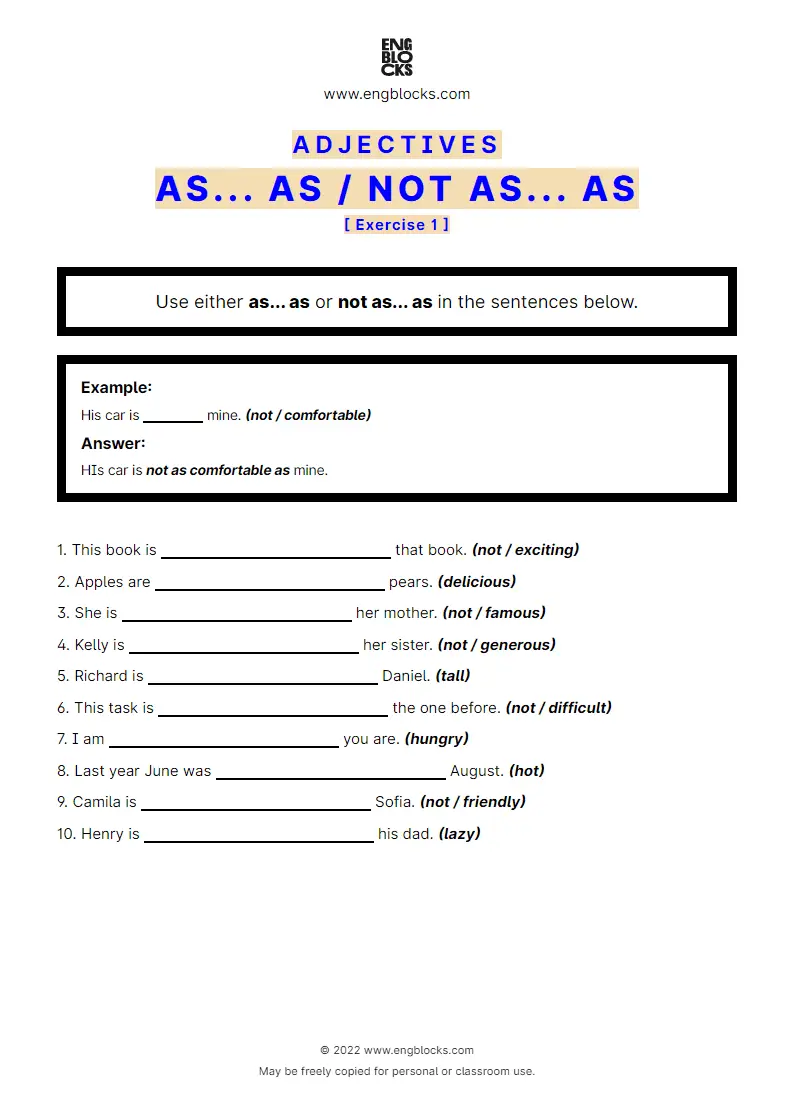 Grammar Worksheet: Comparison of adjectives with as... as/‌not as... as