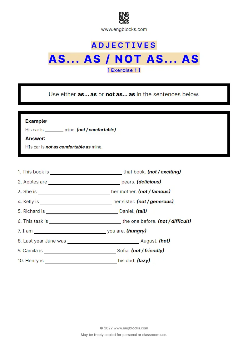 Grammar Worksheet: Comparison of adjectives with as... as/‌not as... as