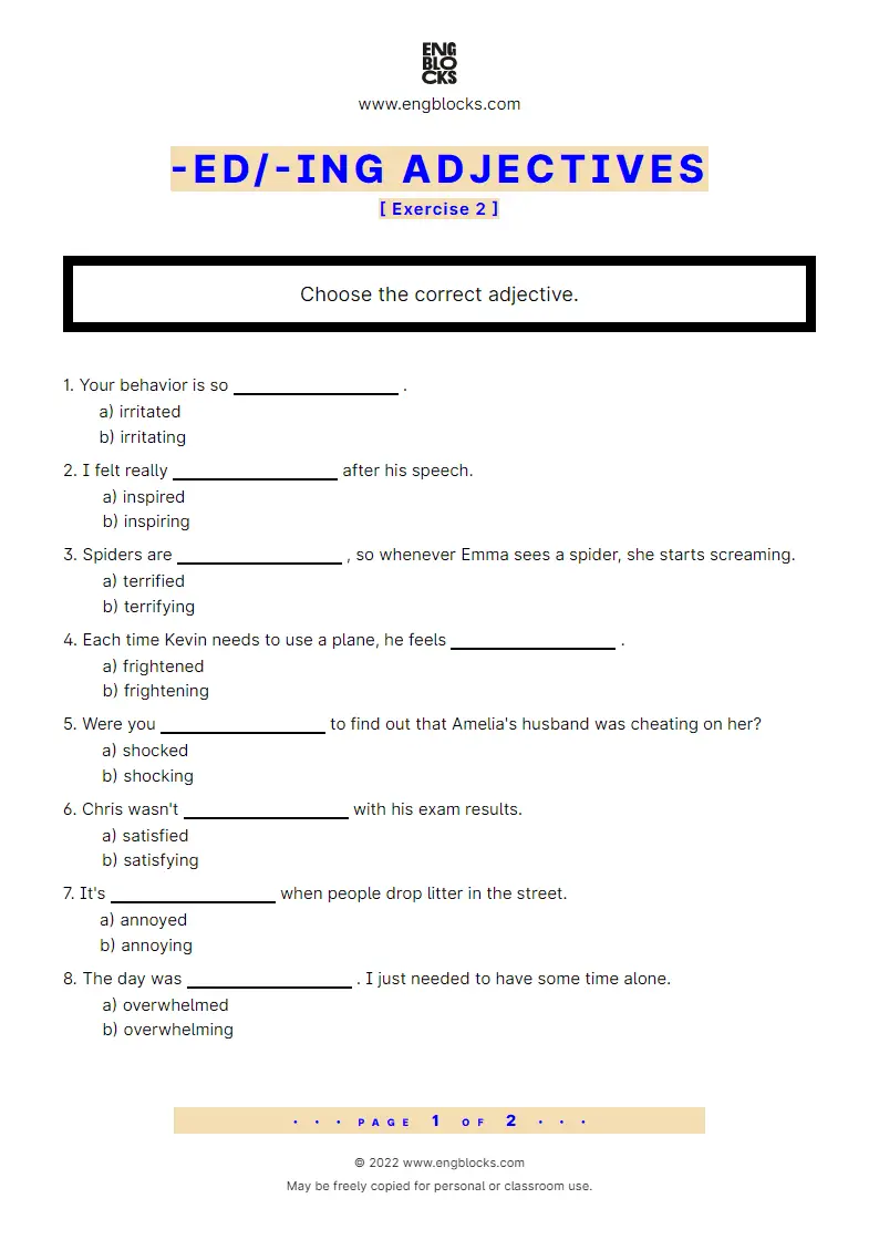 Adjectives Ending In Ed And Ing Exercises Worksheet