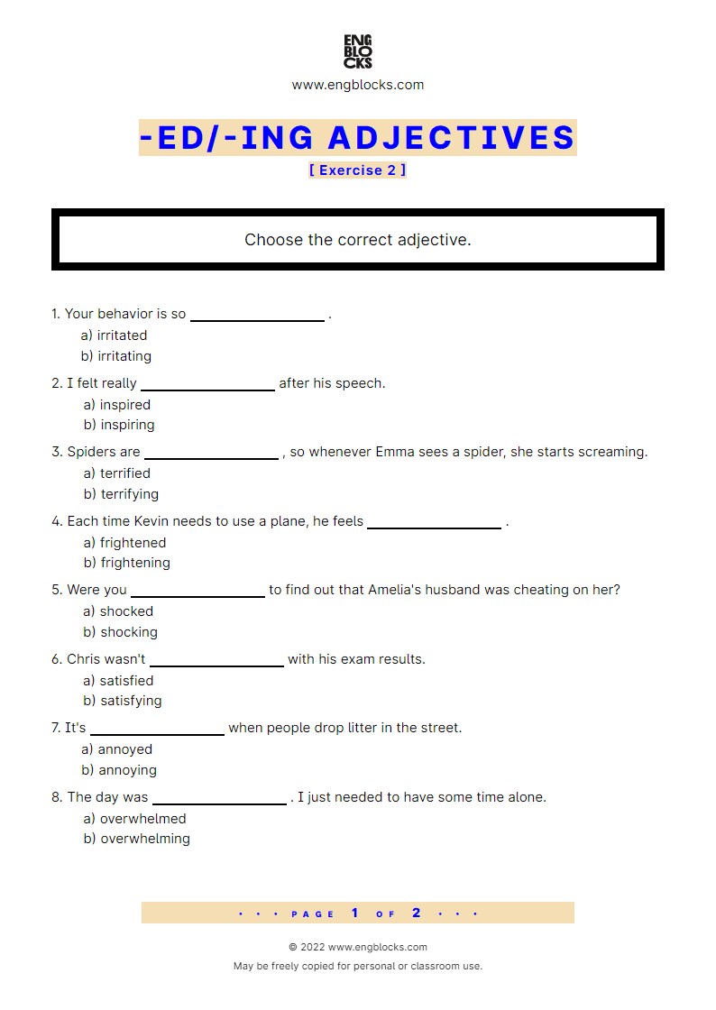  ed ing Adjectives Exercise 2 Worksheet English Grammar