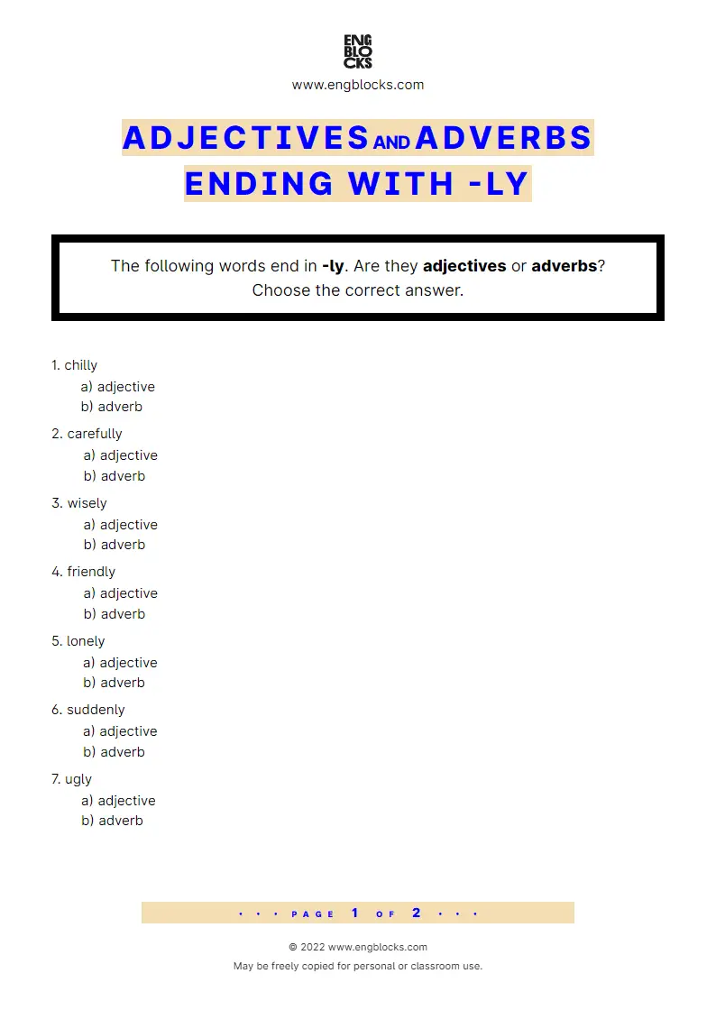 Grammar Worksheet: English adjectives and adverbs on -ly