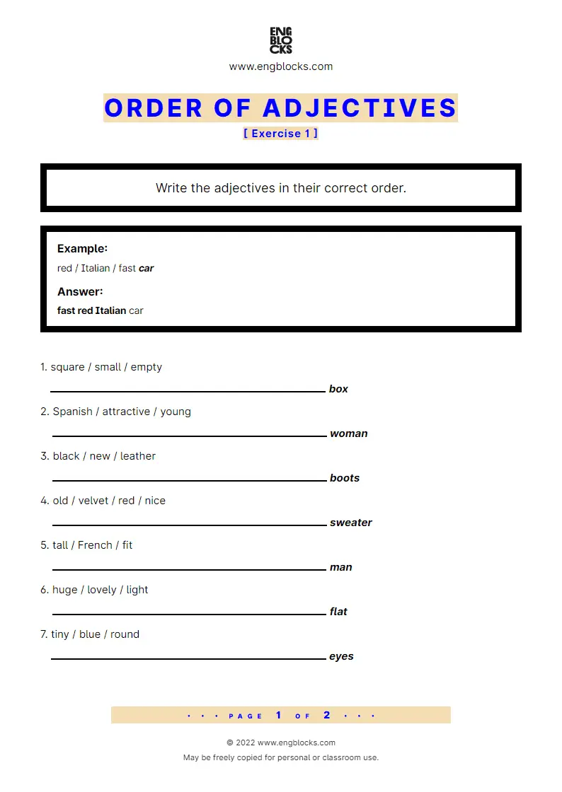 Grammar Worksheet: Order of adjectives — Exercise 1