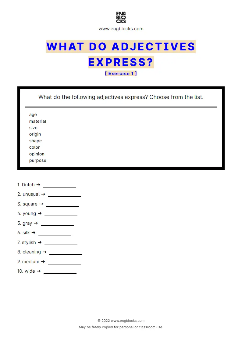 Grammar Worksheet: What do adjectives express — Exercise 1