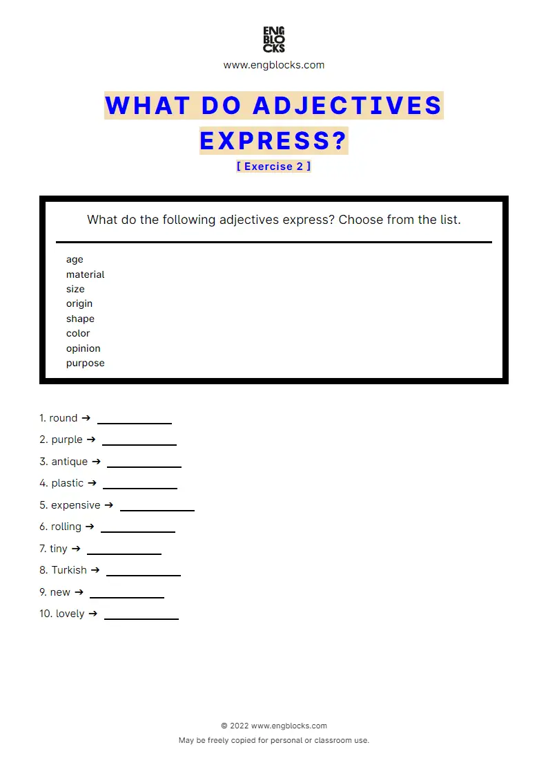 Grammar Worksheet: What do adjectives express — Exercise 2