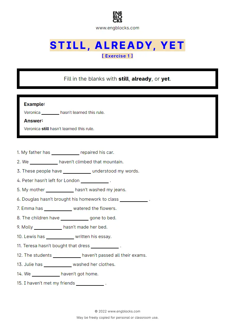 Grammar Worksheet: Still, Already, Yet — Exercise 1