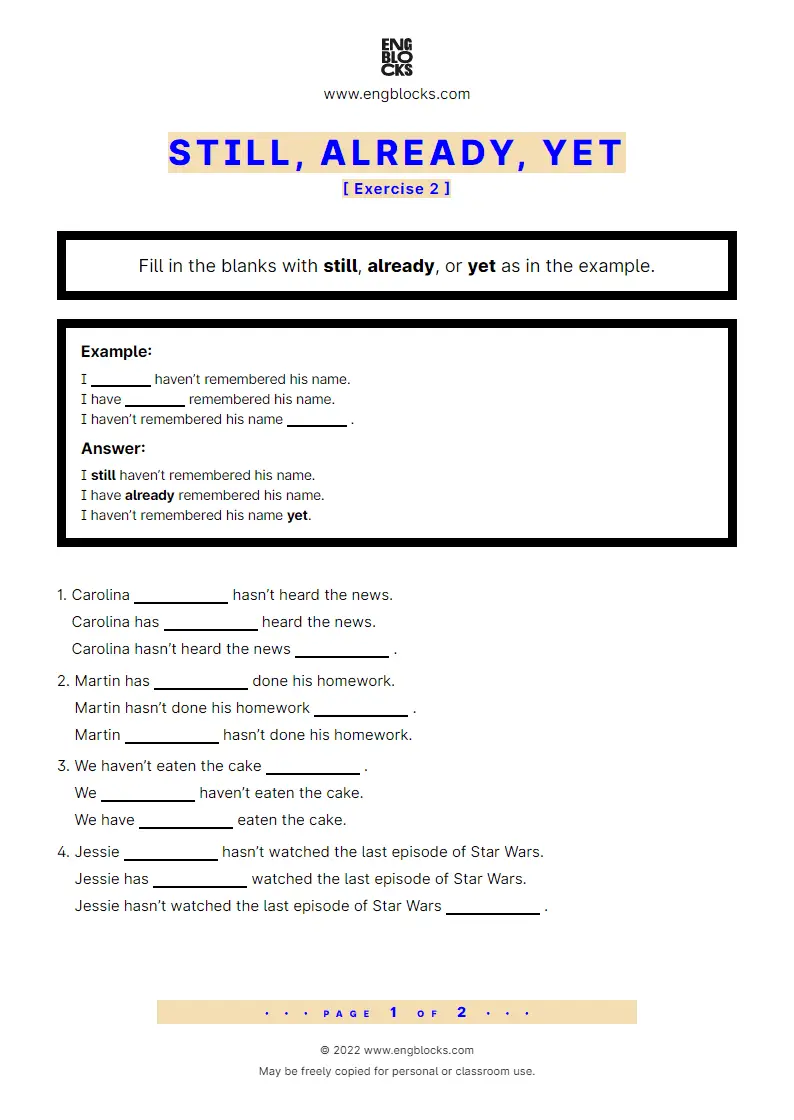 Grammar Worksheet: Still, Already, Yet — Exercise 2