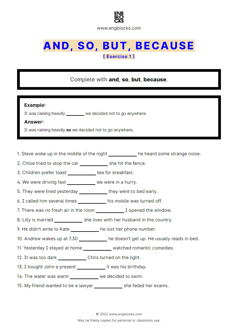 Grammar Worksheet: and, so, but, because — Exercise 1