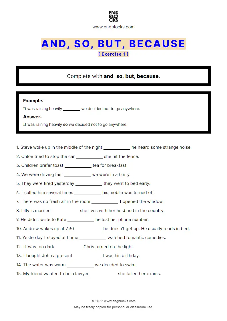 Grammar Worksheet: and, so, but, because — Exercise 1