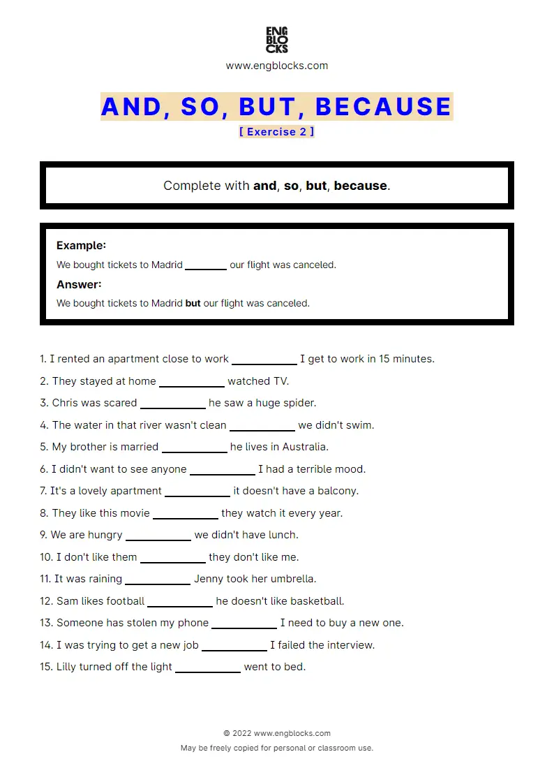 Grammar Worksheet: and, so, but, because — Exercise 2