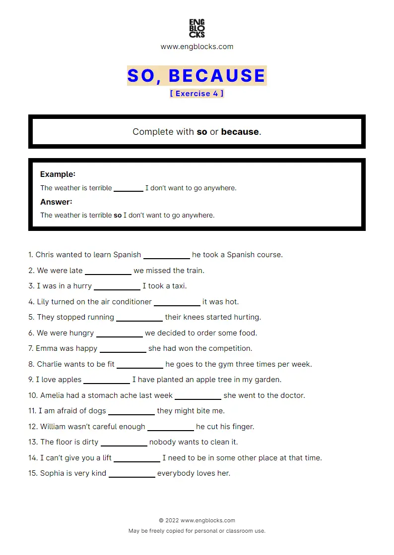 Grammar Worksheet: So and Because — Exercise 4