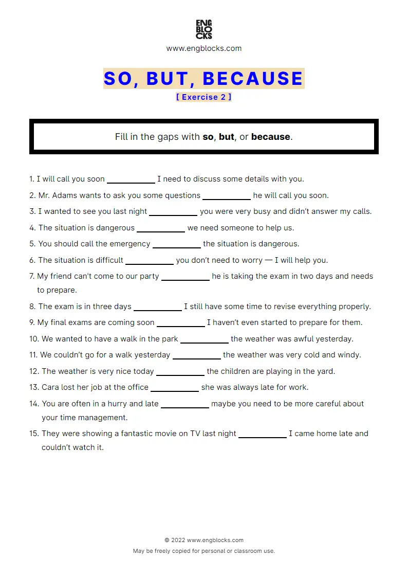Grammar Worksheet: so, but, because — Exercise 2