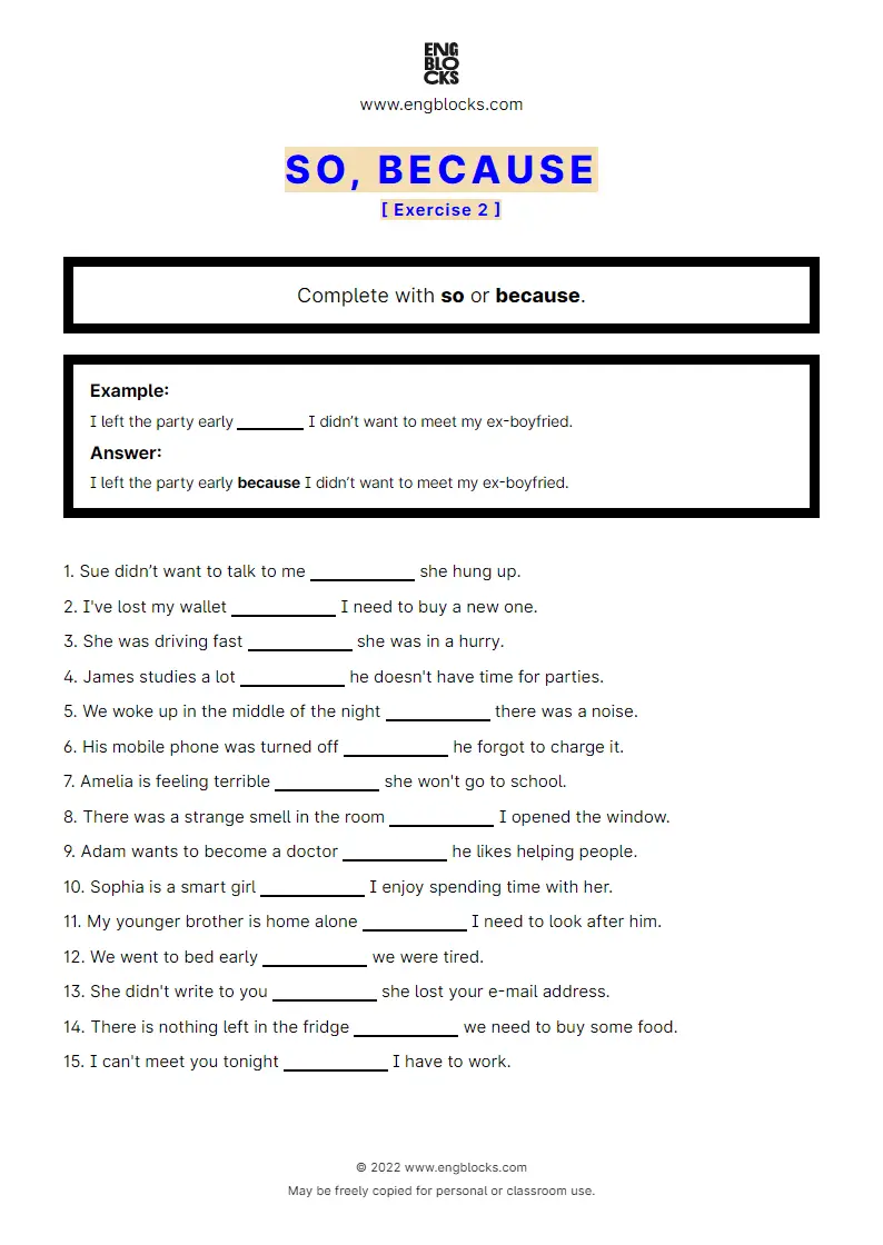 Grammar Worksheet: so vs. because — Exercise 2