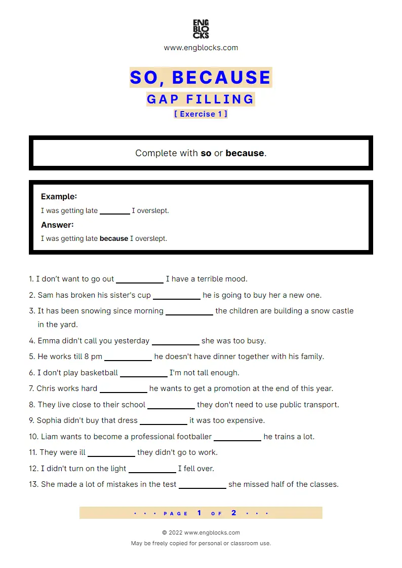 Grammar Worksheet: so vs. because — Gap-filling Exercise