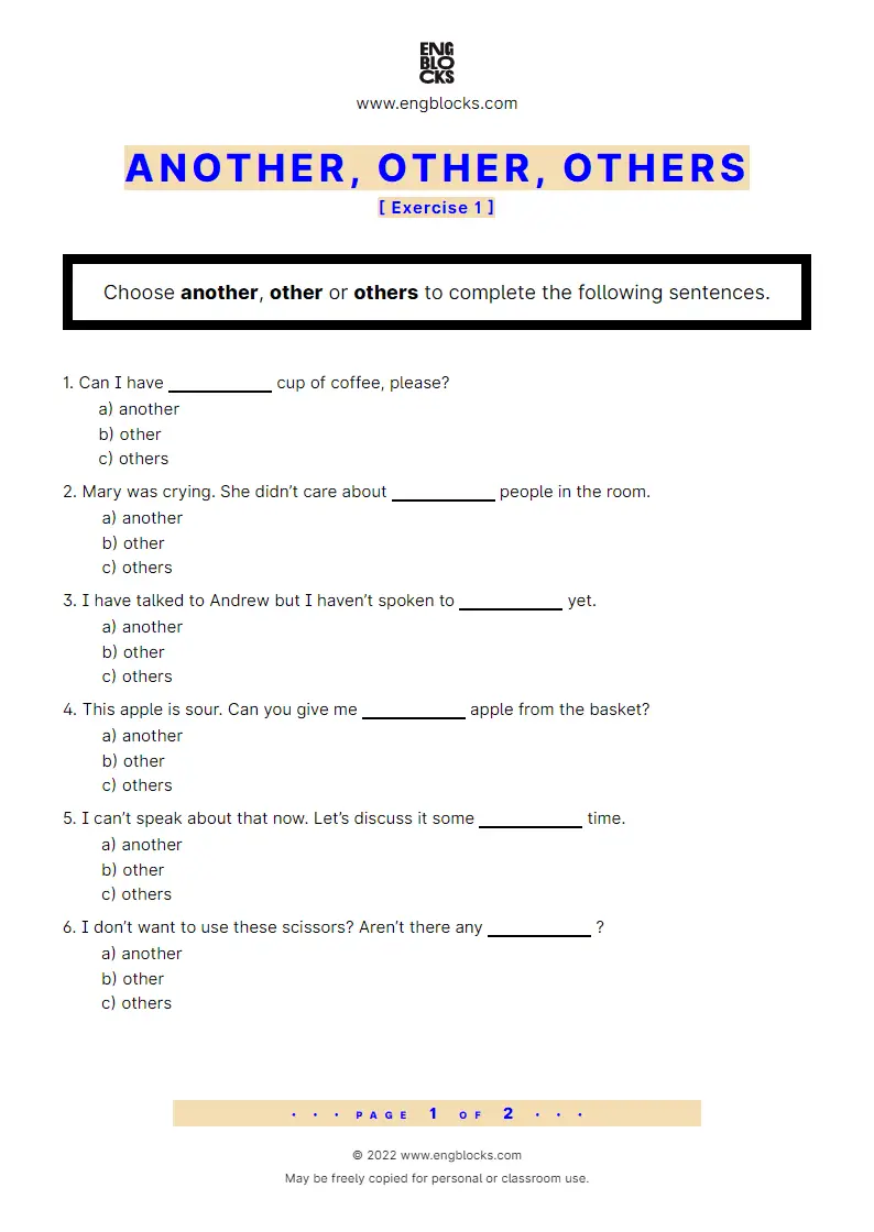 Grammar Worksheet: Another, other, others — Exercise 1