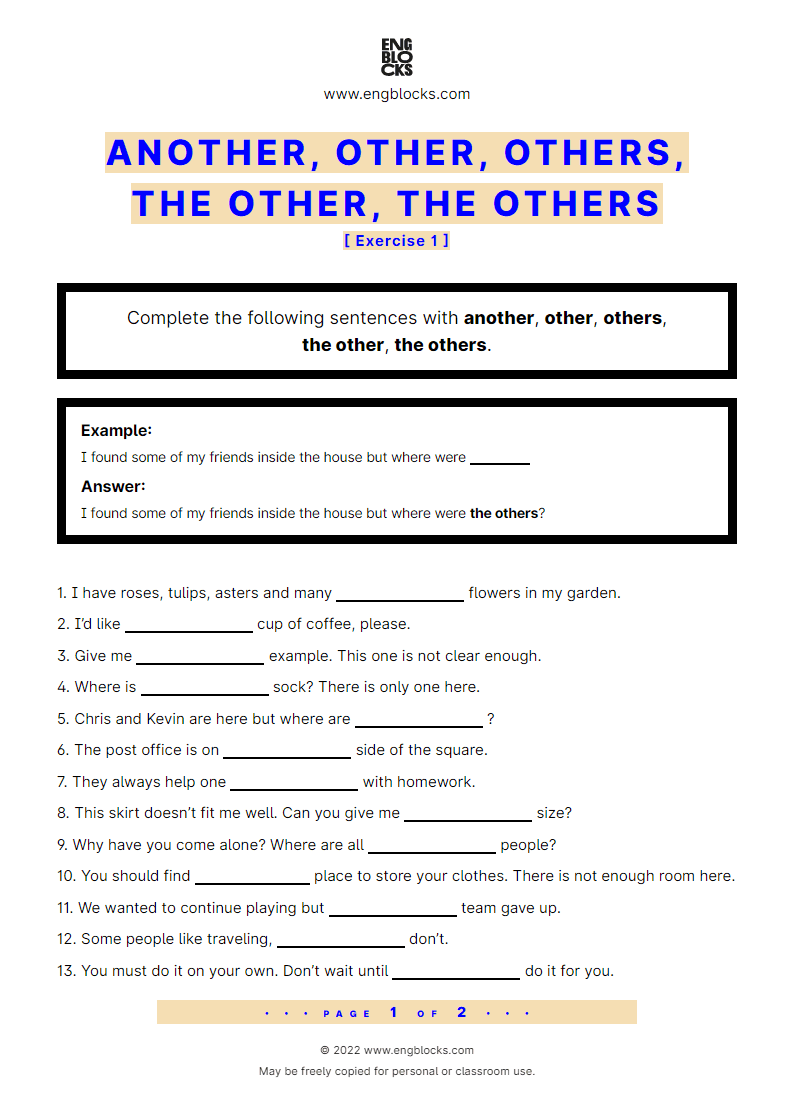 Grammar Worksheet: Another, other, others, the other, the others — Exercise 1