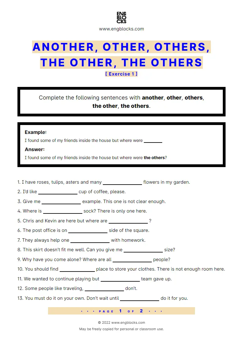 Grammar Worksheet: Another, other, others, the other, the others — Exercise 1