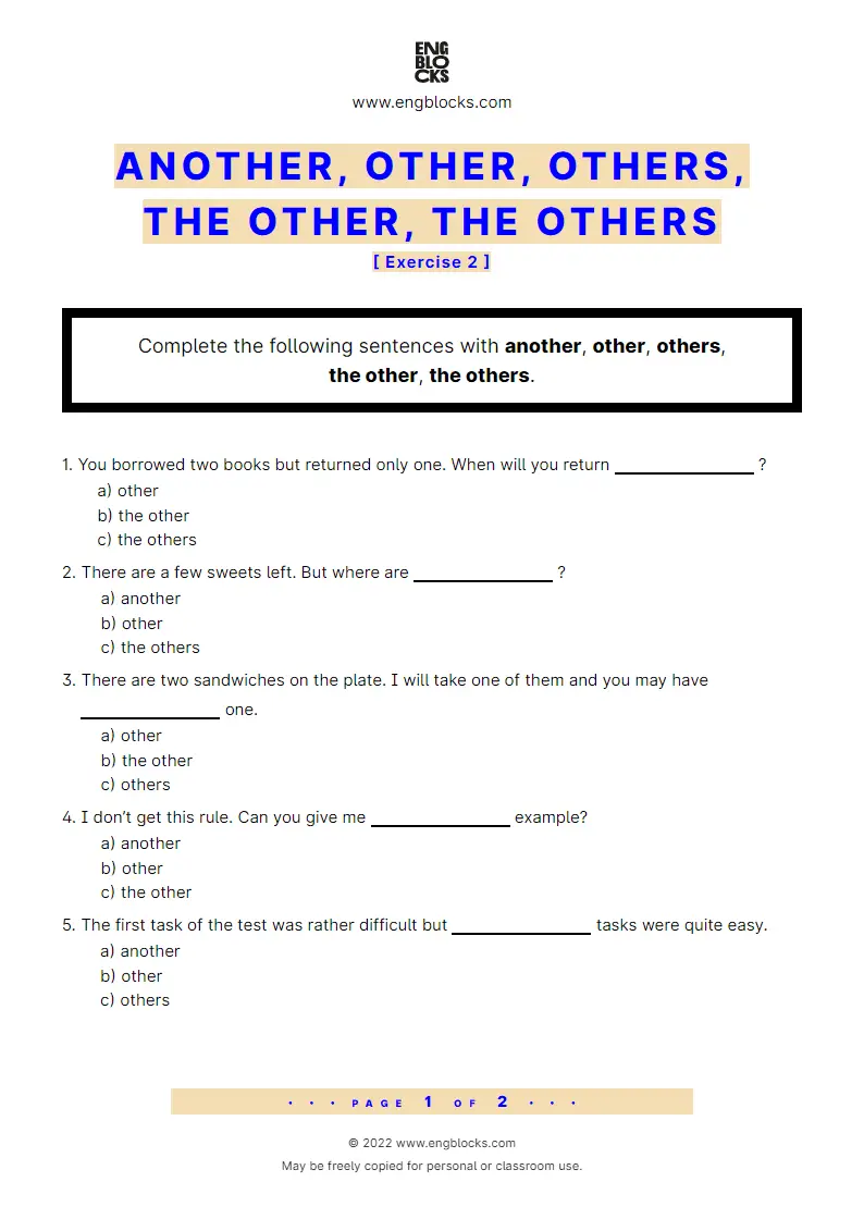 Grammar Worksheet: Another, other, others, the other, the others — Exercise 2