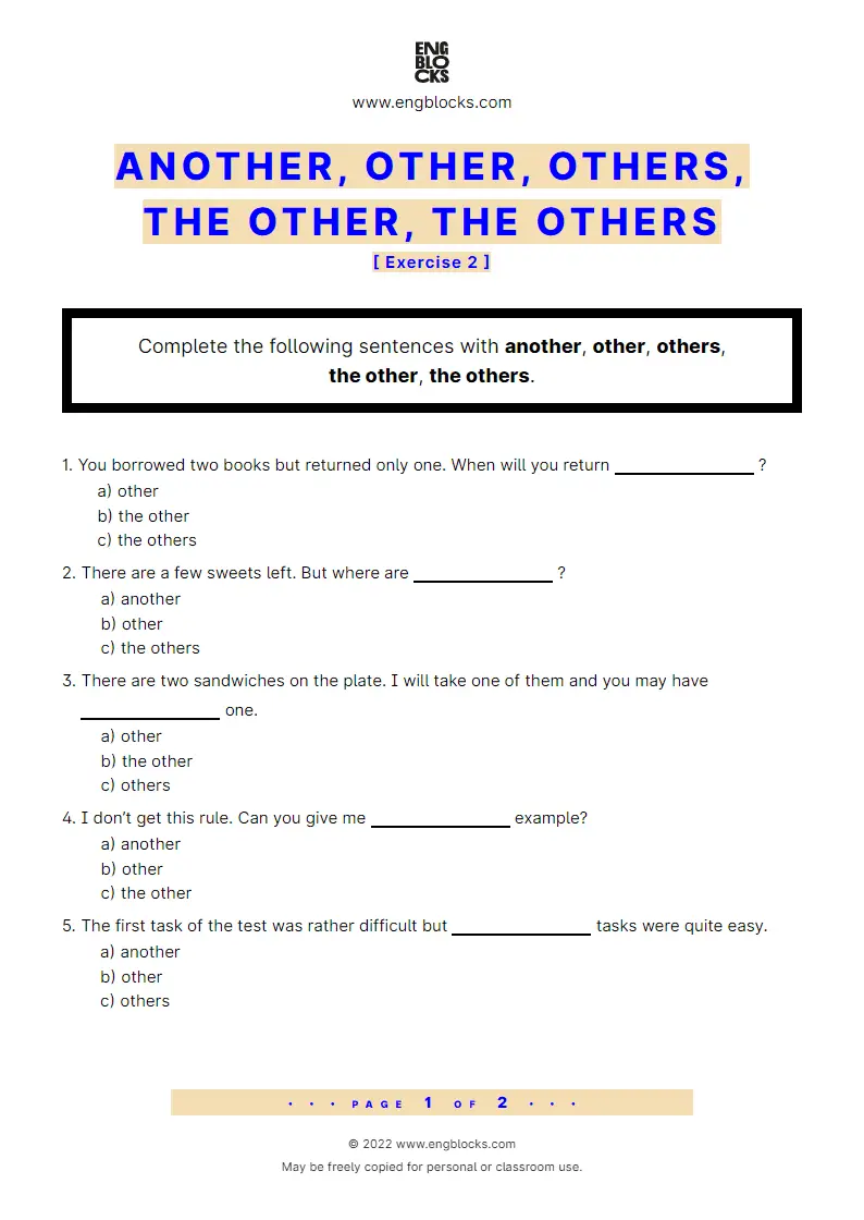 Grammar Worksheet: Another, other, others, the other, the others — Exercise 2