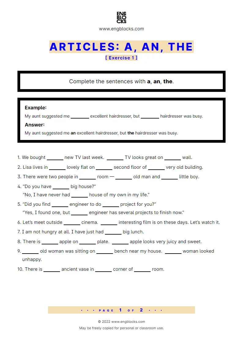 Grammar Worksheet: A, an, the — Exercise 1