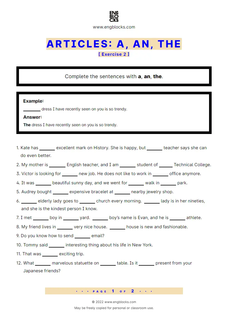 Grammar Worksheet: A, an, the — Exercise 2