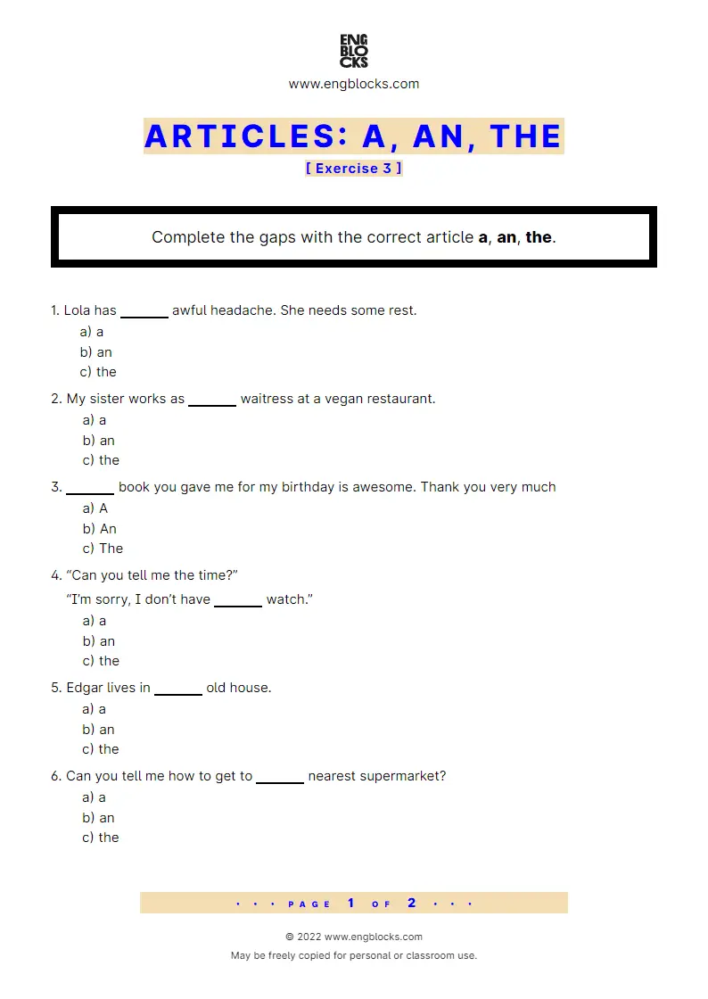 Grammar Worksheet: A, an, the — Exercise 3