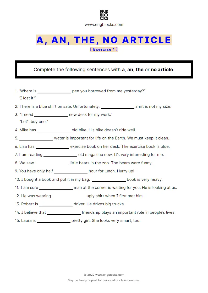 Grammar Worksheet: A, an, the, no article — Exercise 1