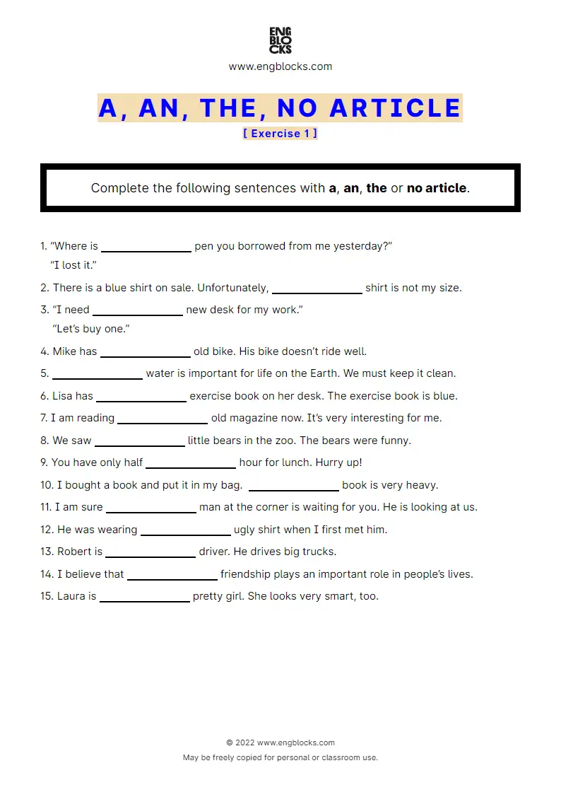 Grammar Worksheet: A, an, the, no article — Exercise 1