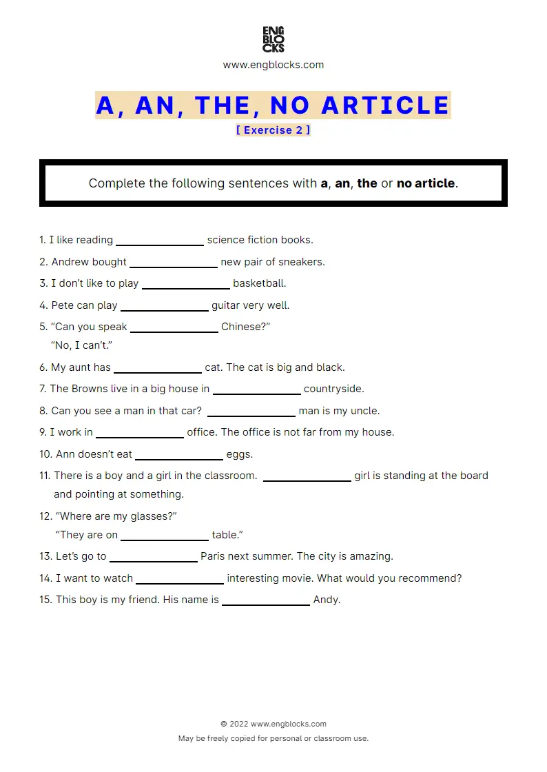 Grammar Worksheet: A, an, the, no article — Exercise 2