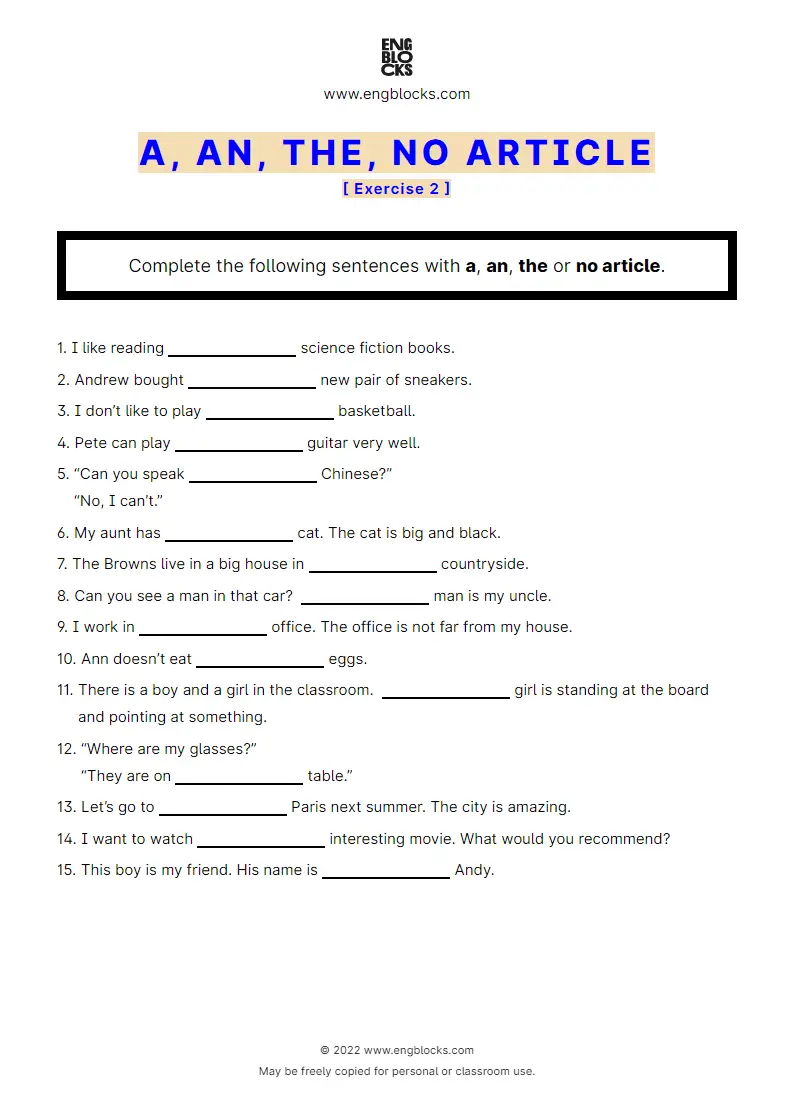 Grammar Worksheet: A, an, the, no article — Exercise 2